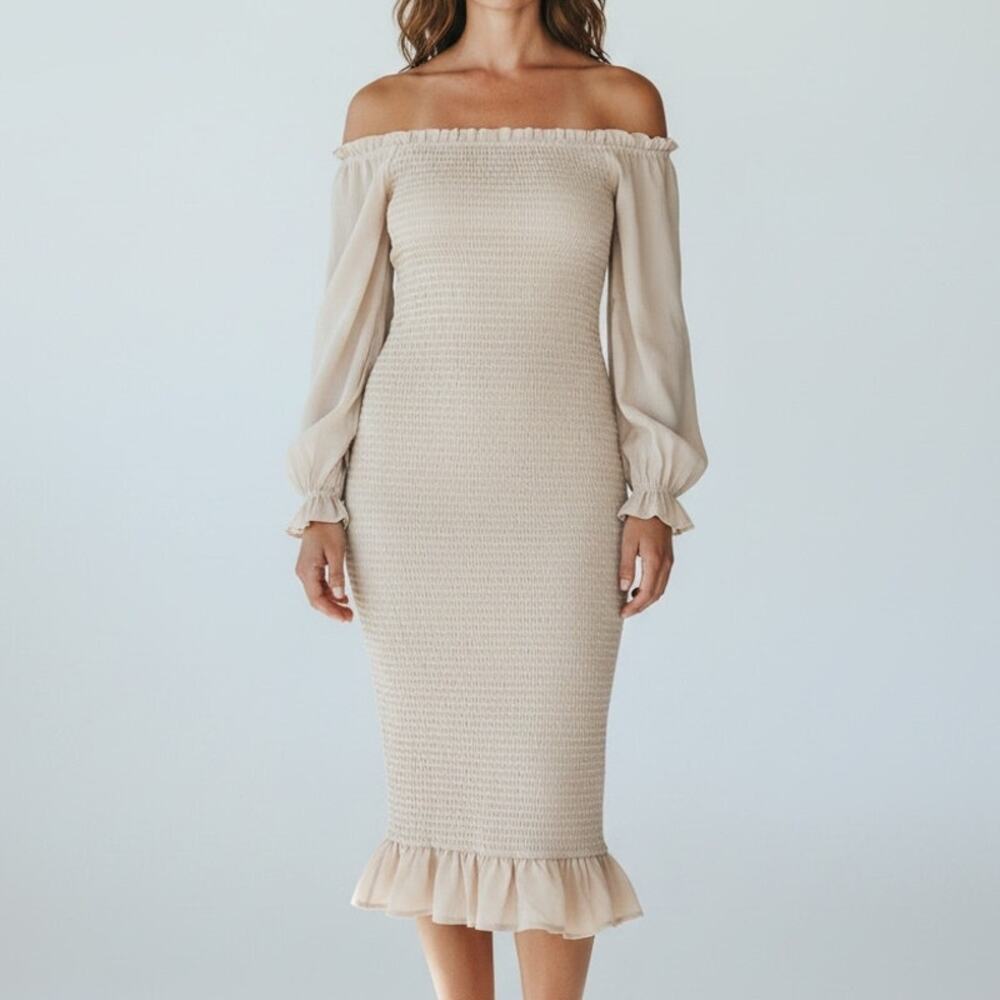 Baltic Born Smocked Midi Dress Beige Long Sleeve Ruffle Hem Size XL NWT